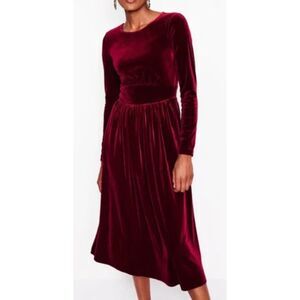 Boden Thea Velvet Dress Womens 6 Red Long Sleeve Midi